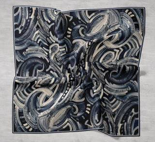 Twill İpek Eşarp Soyut Desen Gece Mavisi 90x90 - Twill İpek Eşarp - | Silk Home