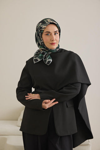 Twill İpek Eşarp Soyut Desen Zümrüt Yeşili 90x90 - Twill İpek Eşarp - | Silk Home
