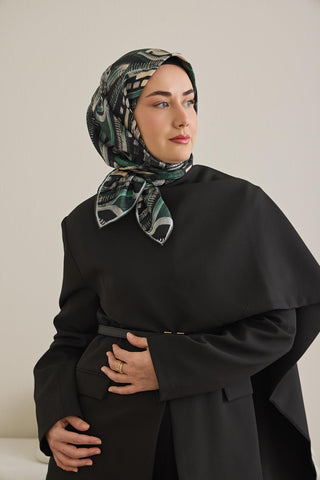 Twill İpek Eşarp Soyut Desen Zümrüt Yeşili 90x90 - Twill İpek Eşarp - | Silk Home