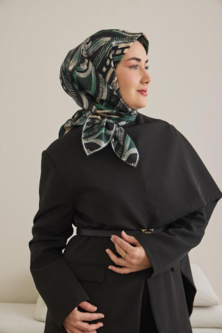 Twill İpek Eşarp Soyut Desen Zümrüt Yeşili 90x90 - Twill İpek Eşarp - | Silk Home