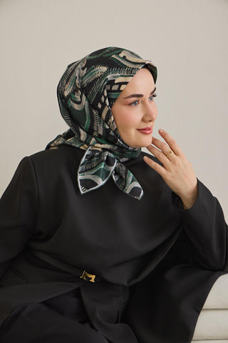 Twill İpek Eşarp Soyut Desen Zümrüt Yeşili 90x90 - Twill İpek Eşarp - | Silk Home