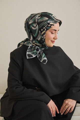 Twill İpek Eşarp Soyut Desen Zümrüt Yeşili 90x90 - Twill İpek Eşarp - | Silk Home