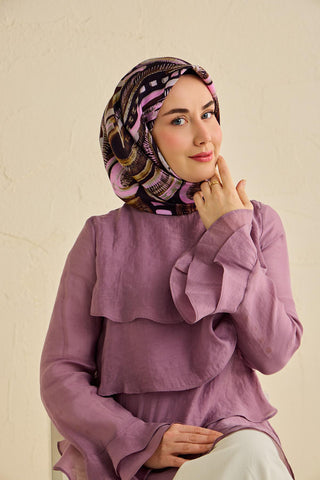 Twill İpek Eşarp Soyut Desen Acı Kahve 90x90 - Twill İpek Eşarp - | Silk Home