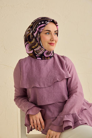 Twill İpek Eşarp Soyut Desen Acı Kahve 90x90 - Twill İpek Eşarp - | Silk Home