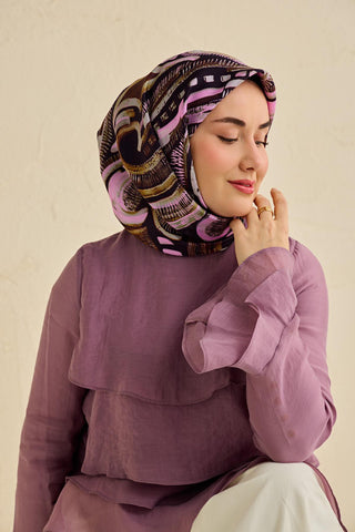 Twill İpek Eşarp Soyut Desen Acı Kahve 90x90 - Twill İpek Eşarp - | Silk Home