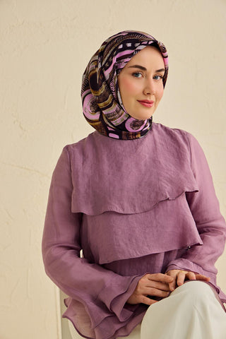 Twill İpek Eşarp Soyut Desen Acı Kahve 90x90 - Twill İpek Eşarp - | Silk Home