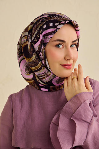 Twill İpek Eşarp Soyut Desen Acı Kahve 90x90 - Twill İpek Eşarp - | Silk Home