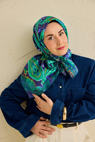Twill İpek Eşarp Badem Motif Desen Lacivert 90x90 - Twill İpek Eşarp - | Silk Home