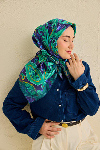 Twill İpek Eşarp Badem Motif Desen Lacivert 90x90 - Twill İpek Eşarp - | Silk Home