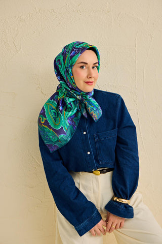 Twill İpek Eşarp Badem Motif Desen Lacivert 90x90 - Twill İpek Eşarp - | Silk Home