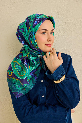 Twill İpek Eşarp Badem Motif Desen Lacivert 90x90 - Twill İpek Eşarp - | Silk Home