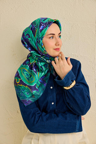 Twill İpek Eşarp Badem Motif Desen Lacivert 90x90 - Twill İpek Eşarp - | Silk Home
