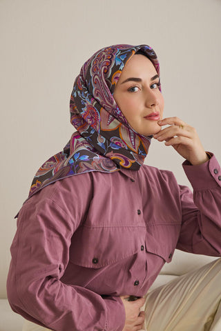 Twill İpek Eşarp Badem Motif Desen Kahverengi 90x90 - Twill İpek Eşarp - | Silk Home