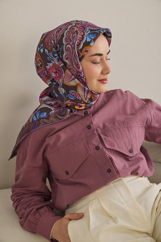 Twill İpek Eşarp Badem Motif Desen Kahverengi 90x90 - Twill İpek Eşarp - | Silk Home
