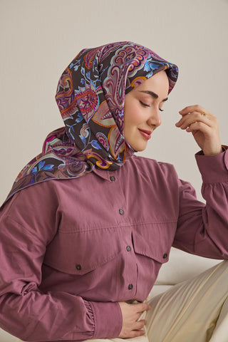 Twill İpek Eşarp Badem Motif Desen Kahverengi 90x90 - Twill İpek Eşarp - | Silk Home