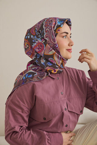 Twill İpek Eşarp Badem Motif Desen Kahverengi 90x90 - Twill İpek Eşarp - | Silk Home