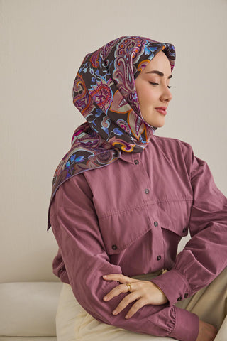 Twill İpek Eşarp Badem Motif Desen Kahverengi 90x90 - Twill İpek Eşarp - | Silk Home
