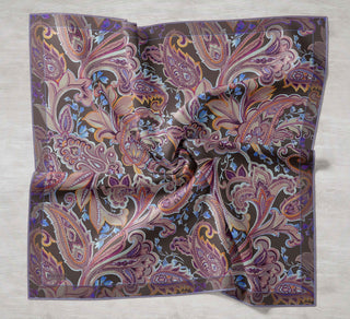 Twill İpek Eşarp Badem Motif Desen Kahverengi 90x90 - Twill İpek Eşarp - | Silk Home