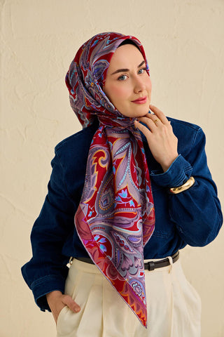Twill İpek Eşarp Badem Motif Desen Soluk Lila 90x90 - Twill İpek Eşarp - | Silk Home