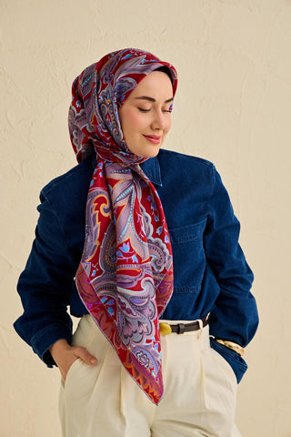 Twill İpek Eşarp Badem Motif Desen Soluk Lila 90x90 - Twill İpek Eşarp - | Silk Home