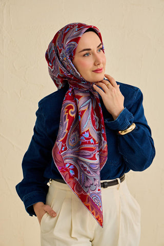 Twill İpek Eşarp Badem Motif Desen Soluk Lila 90x90 - Twill İpek Eşarp - | Silk Home