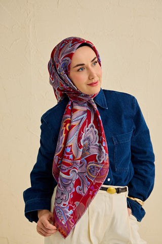 Twill İpek Eşarp Badem Motif Desen Soluk Lila 90x90 - Twill İpek Eşarp - | Silk Home