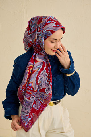 Twill İpek Eşarp Badem Motif Desen Soluk Lila 90x90 - Twill İpek Eşarp - | Silk Home