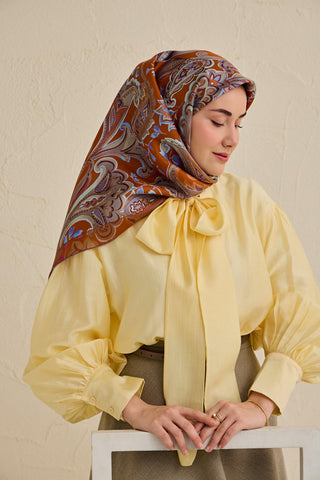 Twill İpek Eşarp Badem Motif Desen Kiremit 90x90 - Twill İpek Eşarp - | Silk Home