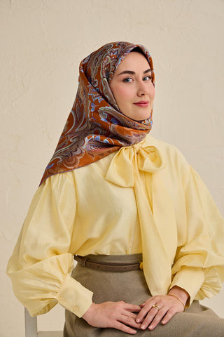Twill İpek Eşarp Badem Motif Desen Kiremit 90x90 - Twill İpek Eşarp - | Silk Home