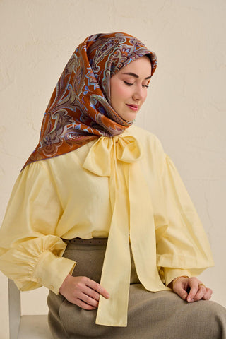 Twill İpek Eşarp Badem Motif Desen Kiremit 90x90 - Twill İpek Eşarp - | Silk Home