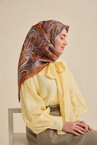 Twill İpek Eşarp Badem Motif Desen Kiremit 90x90 - Twill İpek Eşarp - | Silk Home