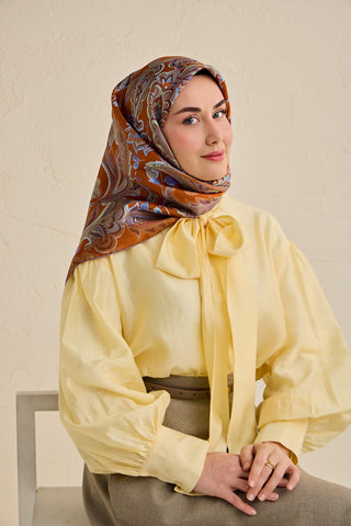 Twill İpek Eşarp Badem Motif Desen Kiremit 90x90 - Twill İpek Eşarp - | Silk Home
