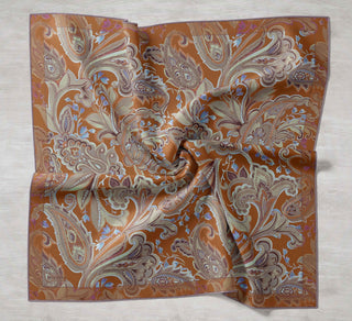 Twill İpek Eşarp Badem Motif Desen Kiremit 90x90 - Twill İpek Eşarp - | Silk Home