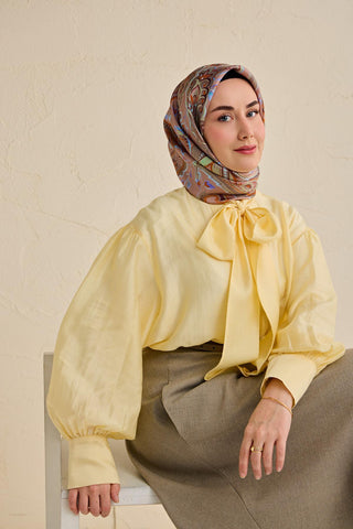 Twill İpek Eşarp Badem Motif Desen Mocha 90x90 - Twill İpek Eşarp - | Silk Home