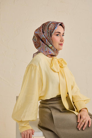 Twill İpek Eşarp Badem Motif Desen Mocha 90x90 - Twill İpek Eşarp - | Silk Home