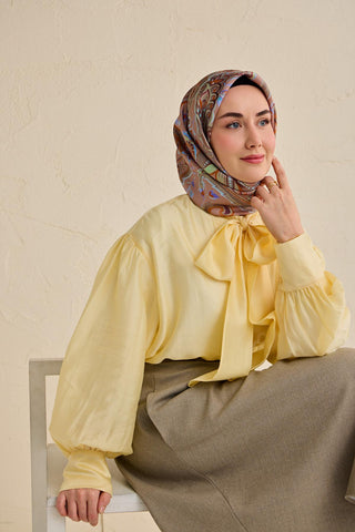 Twill İpek Eşarp Badem Motif Desen Mocha 90x90 - Twill İpek Eşarp - | Silk Home