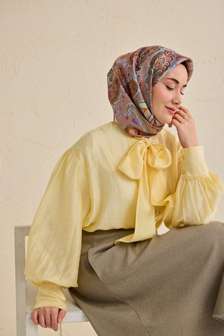 Twill İpek Eşarp Badem Motif Desen Mocha 90x90 - Twill İpek Eşarp - | Silk Home