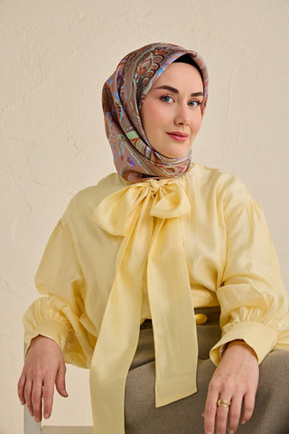 Twill İpek Eşarp Badem Motif Desen Mocha 90x90 - Twill İpek Eşarp - | Silk Home