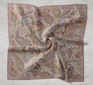Twill İpek Eşarp Badem Motif Desen Mocha 90x90 - Twill İpek Eşarp - | Silk Home