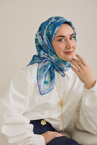 Twill İpek Eşarp Badem Motif Desen Gümüş 90x90 - Twill İpek Eşarp - | Silk Home