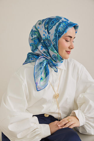Twill İpek Eşarp Badem Motif Desen Gümüş 90x90 - Twill İpek Eşarp - | Silk Home