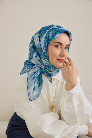 Twill İpek Eşarp Badem Motif Desen Gümüş 90x90 - Twill İpek Eşarp - | Silk Home