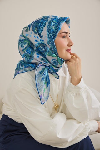 Twill İpek Eşarp Badem Motif Desen Gümüş 90x90 - Twill İpek Eşarp - | Silk Home