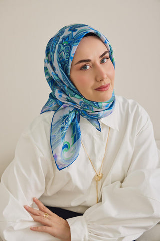 Twill İpek Eşarp Badem Motif Desen Gümüş 90x90 - Twill İpek Eşarp - | Silk Home