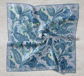 Twill İpek Eşarp Badem Motif Desen Gümüş 90x90 - Twill İpek Eşarp - | Silk Home