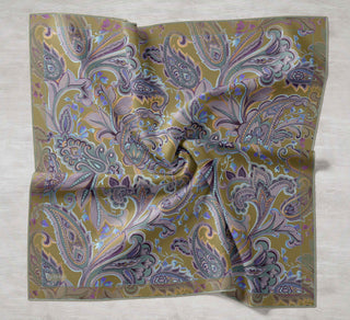 Twill İpek Eşarp Badem Motif Desen Yağ Yeşili 90x90 - Twill İpek Eşarp - | Silk Home