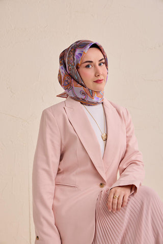 Twill İpek Eşarp Badem Motif Desen Lila 90x90 - Twill İpek Eşarp - | Silk Home