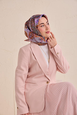 Twill İpek Eşarp Badem Motif Desen Lila 90x90 - Twill İpek Eşarp - | Silk Home