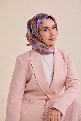 Twill İpek Eşarp Badem Motif Desen Lila 90x90 - Twill İpek Eşarp - | Silk Home