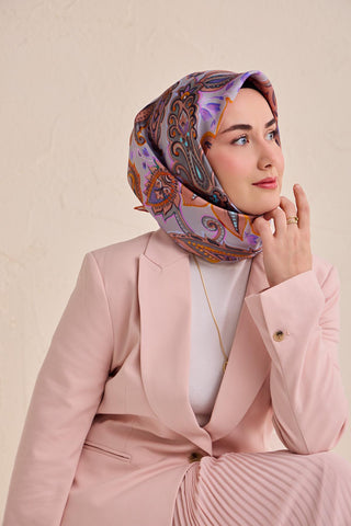 Twill İpek Eşarp Badem Motif Desen Lila 90x90 - Twill İpek Eşarp - | Silk Home